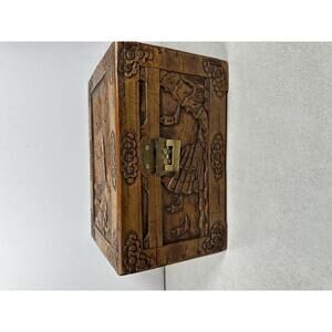 VTG Chinese Handcarved Wooden Trinket Jewelry Box Brass Pin Latch Scenic Decor